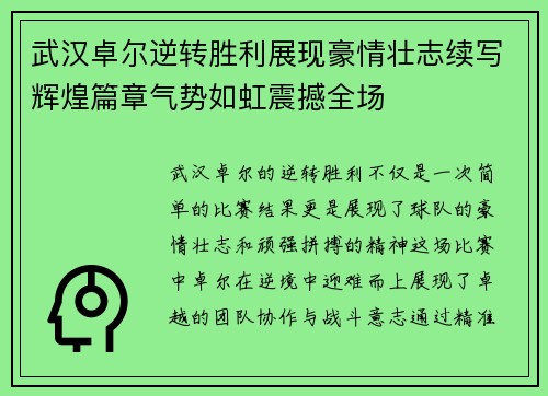 武汉卓尔逆转胜利展现豪情壮志续写辉煌篇章气势如虹震撼全场