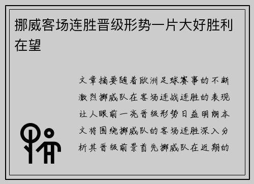 挪威客场连胜晋级形势一片大好胜利在望
