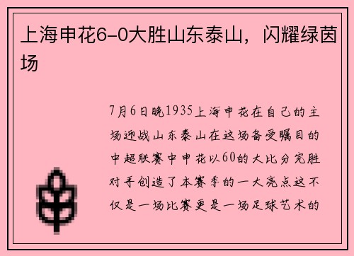 上海申花6-0大胜山东泰山，闪耀绿茵场