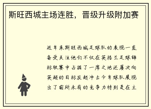 斯旺西城主场连胜，晋级升级附加赛