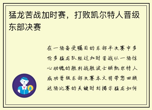猛龙苦战加时赛，打败凯尔特人晋级东部决赛