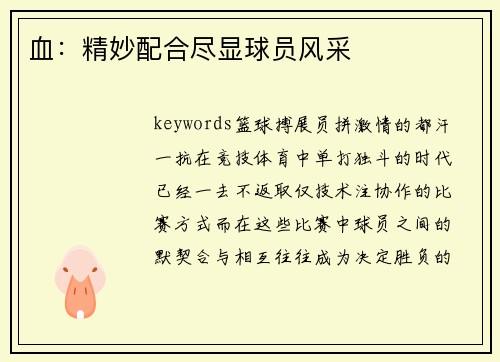 血：精妙配合尽显球员风采