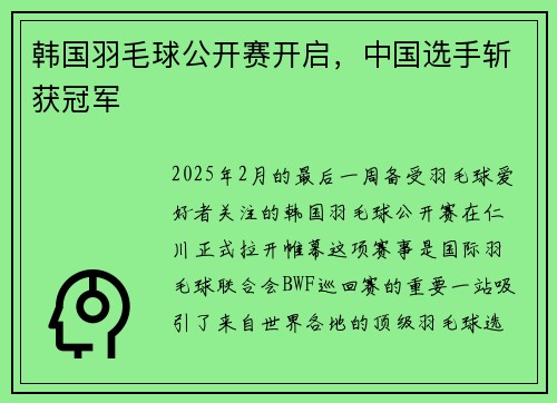 韩国羽毛球公开赛开启，中国选手斩获冠军