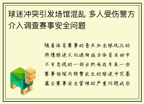 球迷冲突引发场馆混乱 多人受伤警方介入调查赛事安全问题