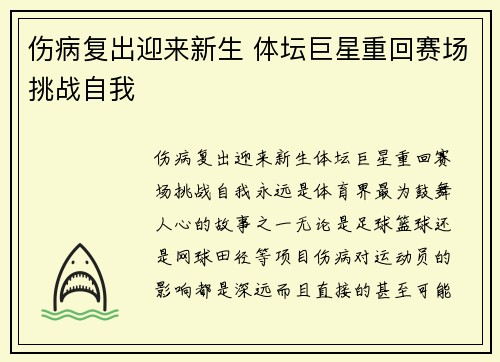 伤病复出迎来新生 体坛巨星重回赛场挑战自我