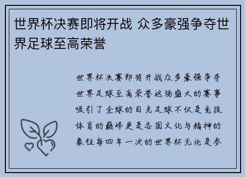 世界杯决赛即将开战 众多豪强争夺世界足球至高荣誉