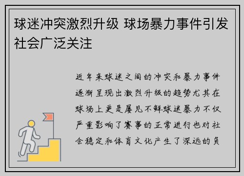球迷冲突激烈升级 球场暴力事件引发社会广泛关注