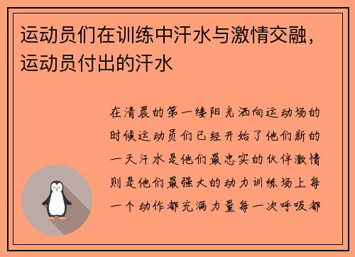运动员们在训练中汗水与激情交融，运动员付出的汗水