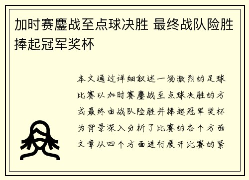 加时赛鏖战至点球决胜 最终战队险胜捧起冠军奖杯